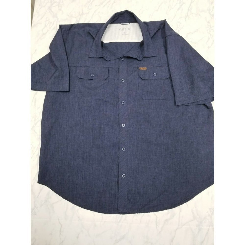 Orvis Mens Size XXL Casual Stretch Short Sleeve Polyester‎ Button Up blue shirt